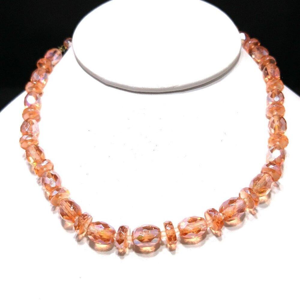 Vintage 1940s Peachy Pink Crystal Beaded Choker Necklace, Hand Cut Crystal, 15"
